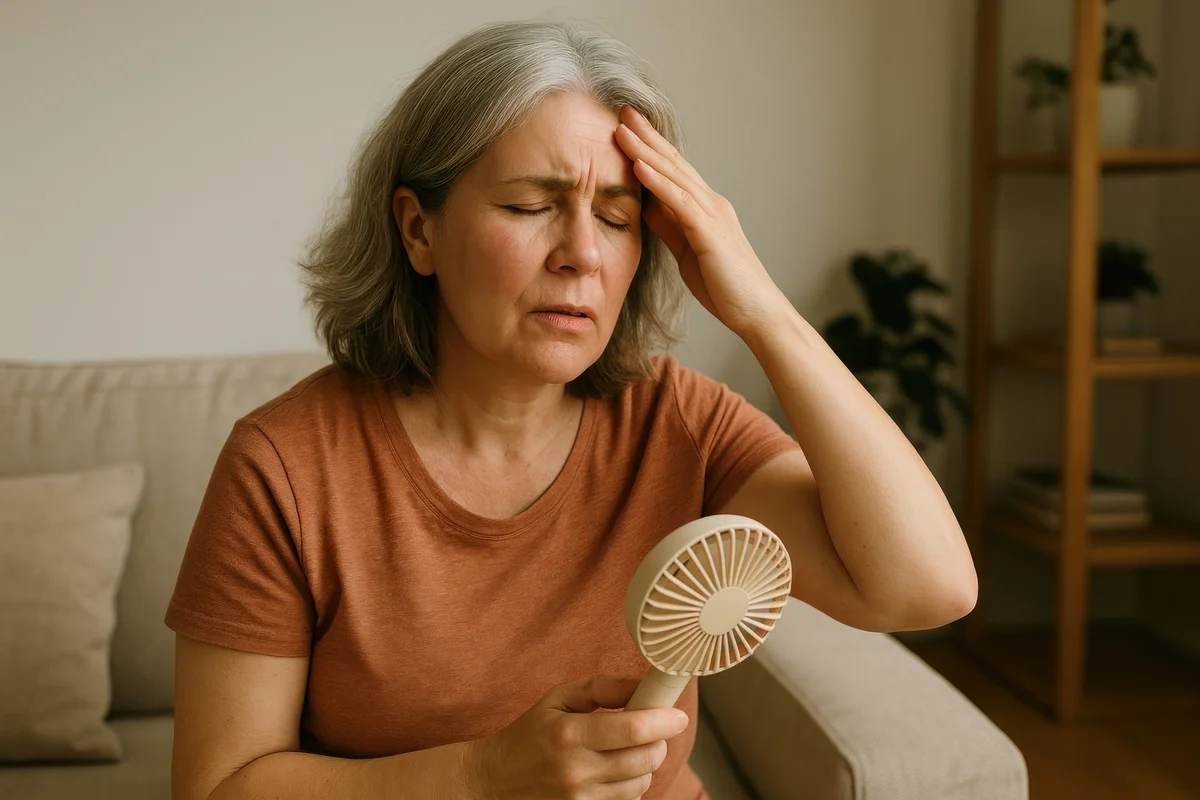 Woman uncomfortably using a handheld motorized fan to cool herself